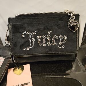 New! Juicy Couture Black Jeweled Logo Wristlet Wallet with Heart Charm